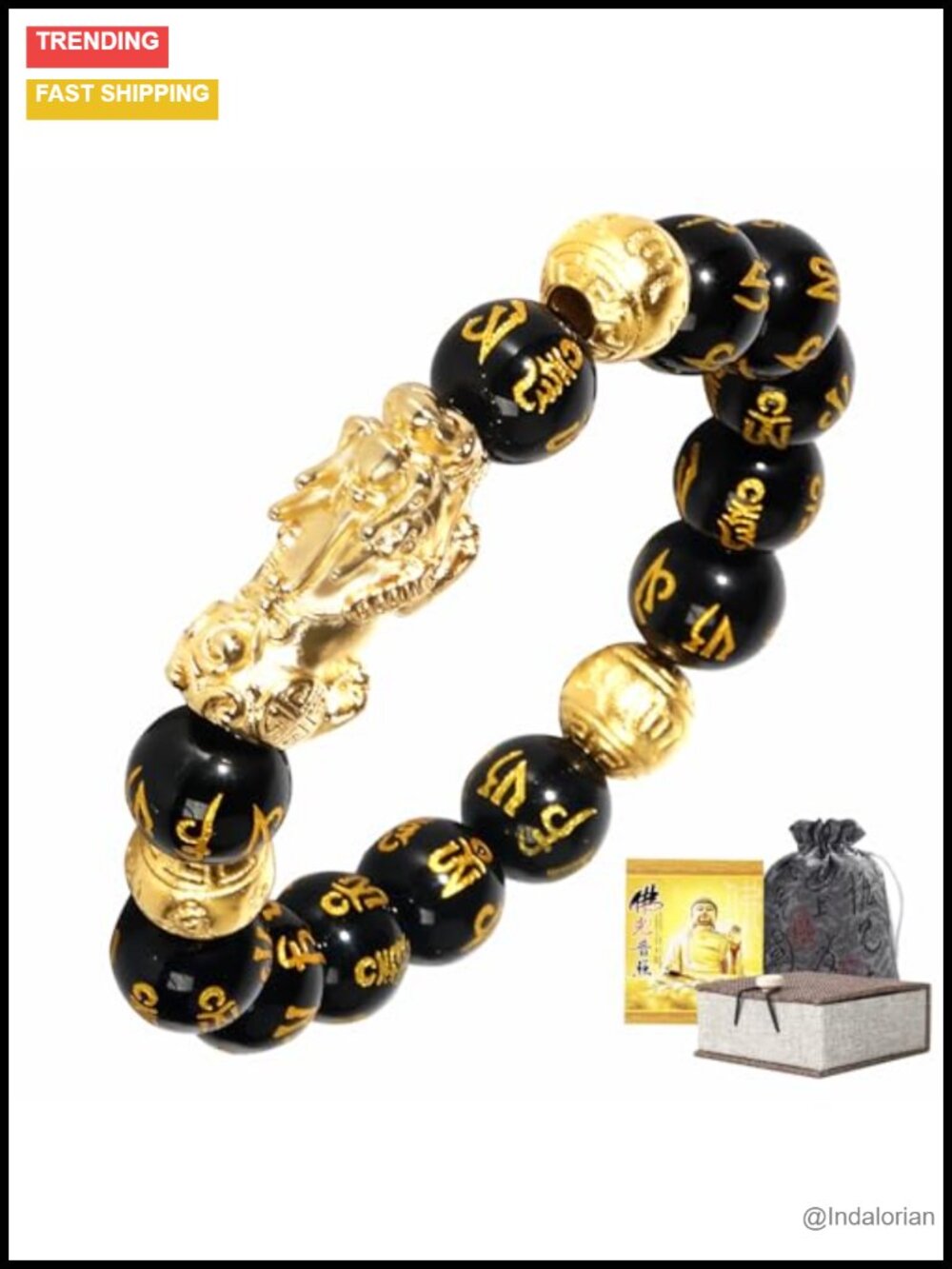 24K Gold Plated Pixiu Obsidian Feng Shui Bracelet Wealth Protection 12mm